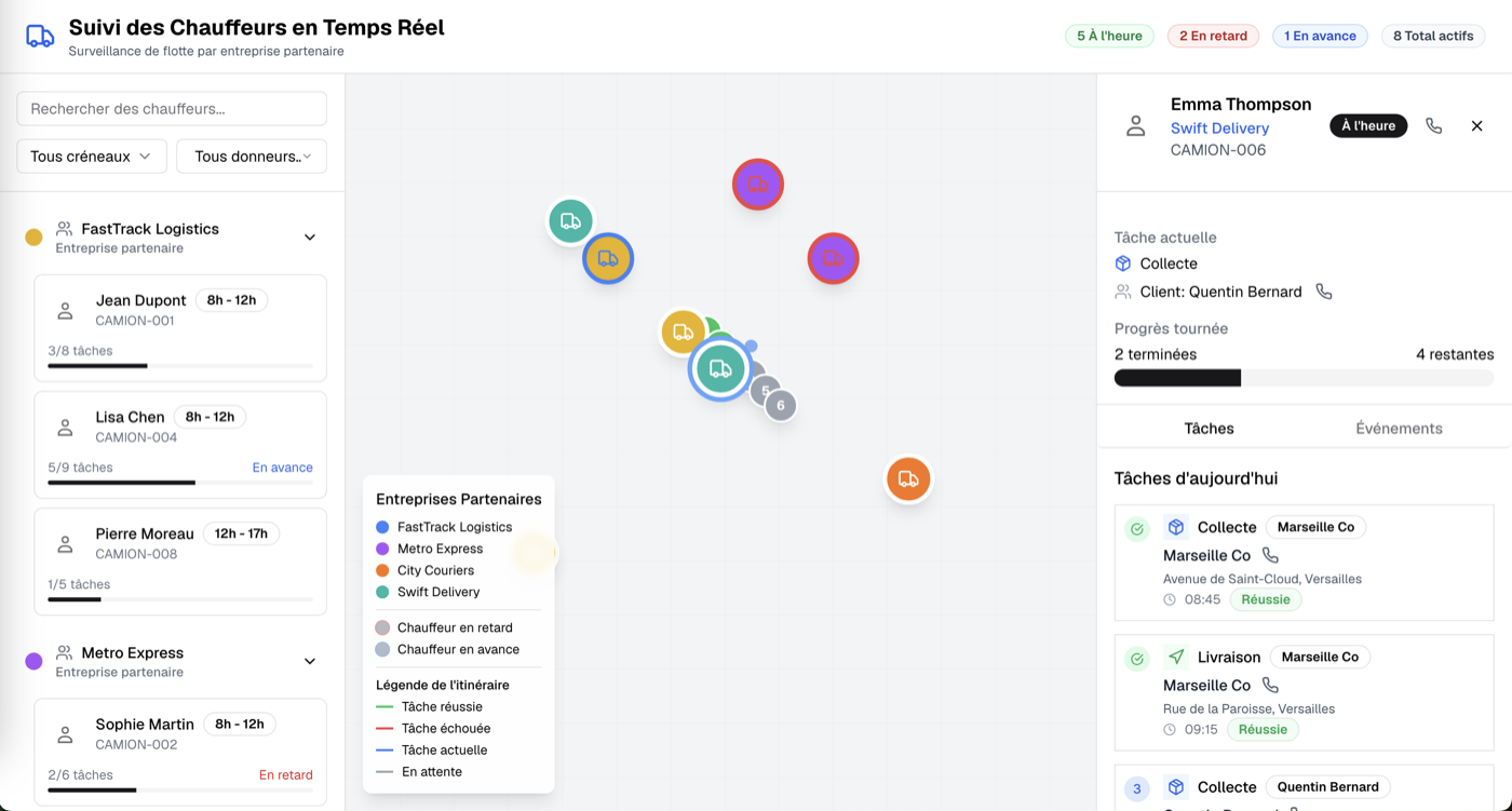 Real-time driver tracking dashboard, showing partner fleets on a map with live status and per-driver task progress